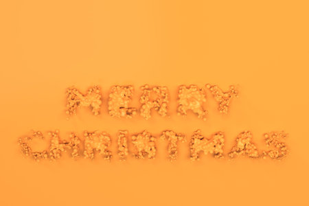 Liquid orange Merry Christmas words with drops on orange background. Christmas sign. 3D rendering illustrationの写真素材