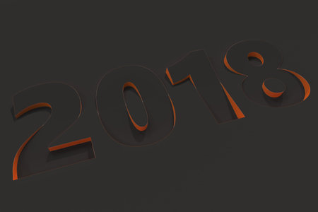 2018 number bas-relief on black surface with orange sides. 2018 new year sign. 3D rendering...