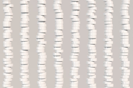 Pattern of white cylinder tablets on white background. Plastic pucks. Abstract background. 3D...
