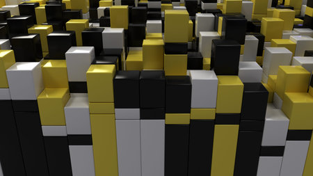 Wall of white, black and yellow cubes. Abstract colorful 3d background. 3D render illustration