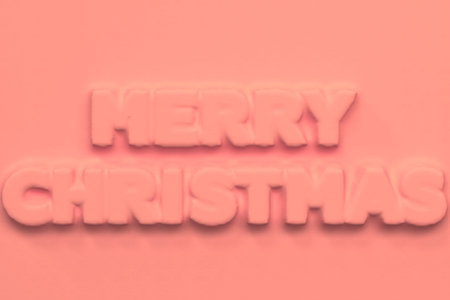 Red Merry Christmas words bas-relief. Christmas sign. 3D rendering illustrationの写真素材