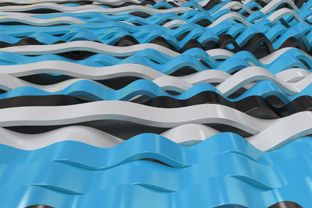 Abstract 3D rendering of black, white and blue sine waves. Bended stripes background. Reflective surface pattern. 3D render illustrationの写真素材