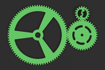 Set of green gears and cogs on black background. Mechanical background. 3D rendering illustrationの写真素材