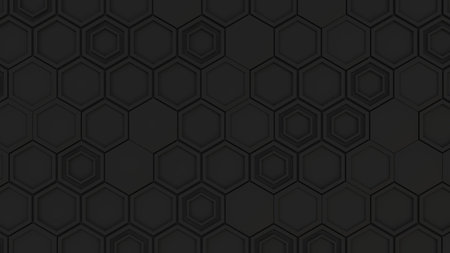 Abstract 3d background made of black hexagons. Wall of hexagons. Honeycomb pattern. 3D render illustrationの写真素材