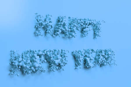 Liquid blue Happy New Year words with drops on blue background. New year sign. 3D rendering illustrationの写真素材