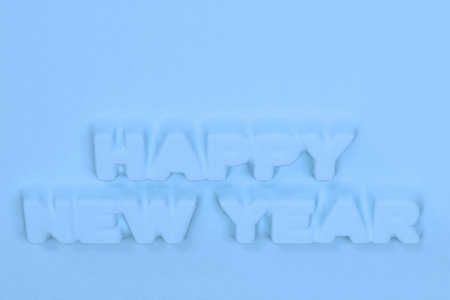 Blue Happy New Year words bas-relief. New year sign. 3D rendering illustration
