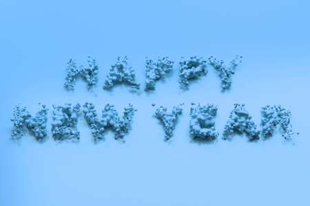 Liquid blue Happy New Year words with drops on blue background. New year sign. 3D rendering illustrationの写真素材