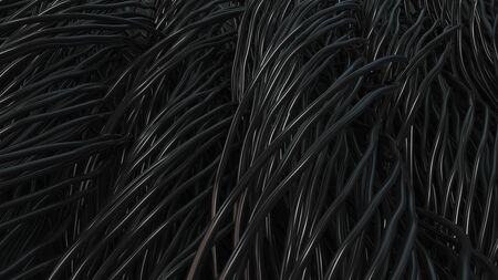 Twisted black cables and wires on black surface. Computer or telephone network. 3D rendering illustrationの写真素材