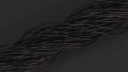 Twisted black cables and wires on black surface. Computer or telephone network. 3D rendering illustrationの写真素材