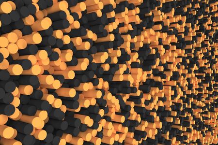 Pattern of black and orange cylinders of different length. Colored sticks. Abstract background. 3D rendering illustration.の写真素材
