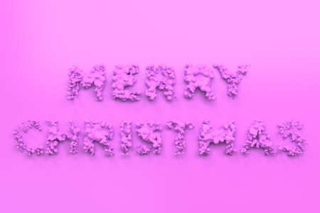 Liquid violet Merry Christmas words with drops on violet background. Christmas sign. 3D rendering illustrationの写真素材