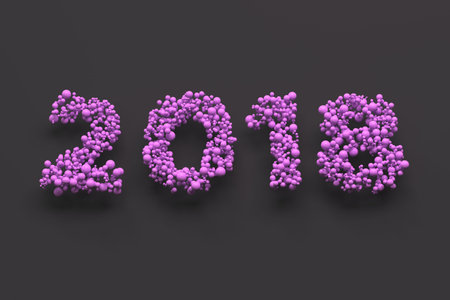 2018 number from violet balls on black background. 2018 new year sign. 3D rendering illustrationの写真素材