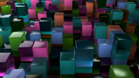 Wall of blue, green, orange and purple glass cubes. Abstract colorful 3d background. 3D render illustrationの写真素材