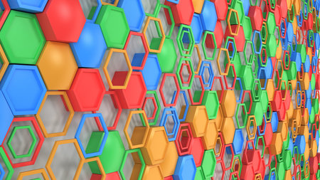 Abstract 3d background made of blue, red, green and orange hexagons on white background. Wall of...