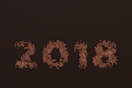 Liquid chocolate 2018 number with drops on chocolate background. 2018 new year sign. 3D rendering...