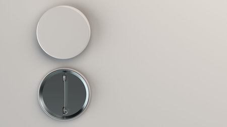 Blank white badge on white background. Pin button mockup. 3D rendering illustrationの写真素材