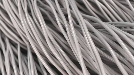 Twisted white cables and wires on black surface. Computer or telephone network. 3D rendering illustrationの写真素材