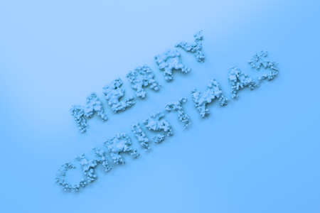 Liquid blue Merry Christmas words with drops on blue background. Christmas sign. 3D rendering illustrationの写真素材