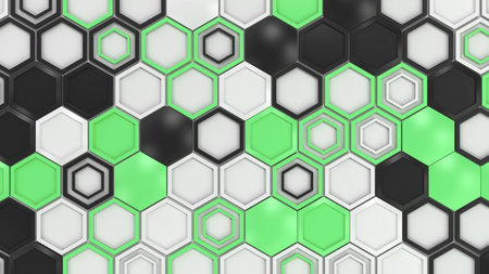 Abstract 3d background made of black, white and green hexagons on white background. Wall of...