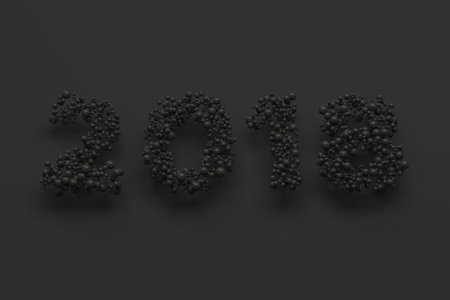 2018 number from black balls on black background. 2018 new year sign. 3D rendering illustration