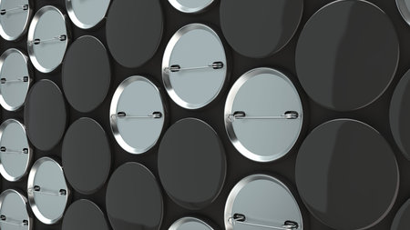 Blank black badges on black background. Pin button mockup. 3D rendering illustrationの写真素材