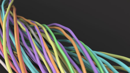 Twisted multicolored cables and wires on black surface. Computer or telephone network. 3D rendering...