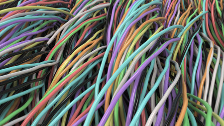Twisted multicolored cables and wires on black surface. Computer or telephone network. 3D rendering...