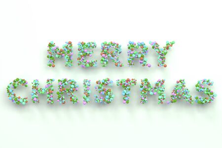 Merry Christmas words from colorful balls on white background. Christmas sign. 3D rendering illustrationの写真素材