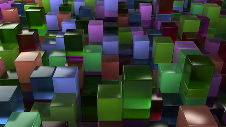 Wall of blue, green, brown and purple glass cubes. Abstract colorful 3d background. 3D render...