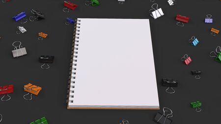 Blank spiral notebook with colorful binder clips on black table. Business, education or office mockup. 3D rendering illustration.の写真素材