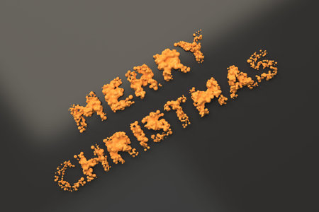 Liquid orange Merry Christmas words with drops on black background. Christmas sign. 3D rendering...