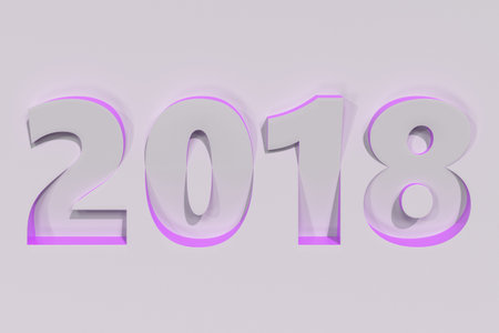 2018 number bas-relief on white surface with violet sides. 2018 new year sign. 3D rendering...