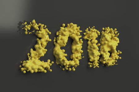 Liquid yellow 2018 number with drops on black background. 2018 new year sign. 3D rendering...