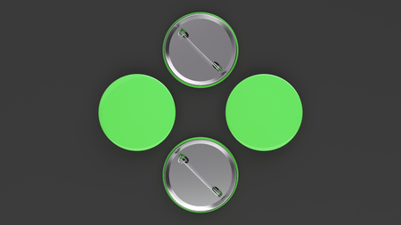Blank green badge on black background. Pin button mockup. 3D rendering illustrationの写真素材
