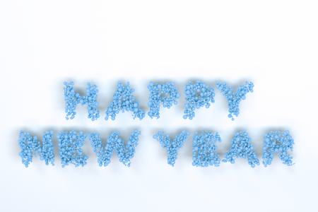 Happy New Year words from blue balls on white background. New Year sign. 3D rendering illustrationの写真素材