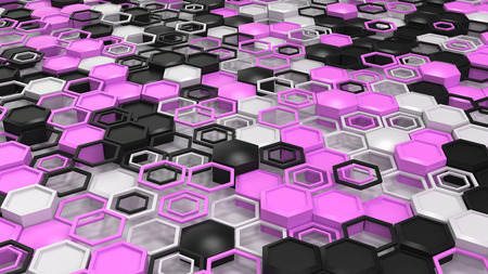 Abstract 3d background made of black, white and purple hexagons on white background. Wall of hexagons. Honeycomb pattern. 3D render illustrationの写真素材