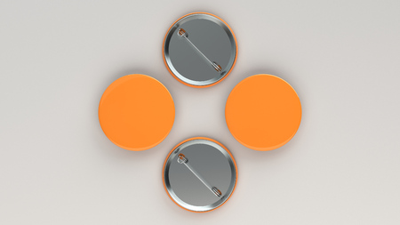 Blank orange badge on white background. Pin button mockup. 3D rendering illustrationの写真素材