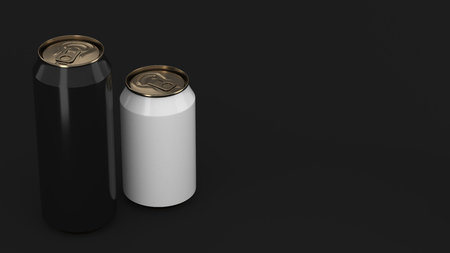 Big black and small white gold aluminum soda cans mockup on black background. Tin package of beer or drink. 3D rendering illustrationの写真素材
