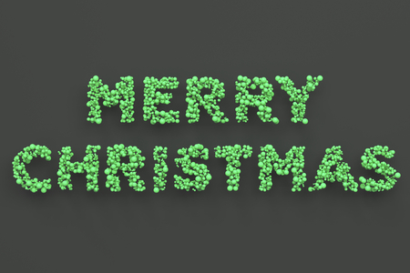Merry Christmas words from green balls on black background. Christmas sign. 3D rendering illustrationの写真素材