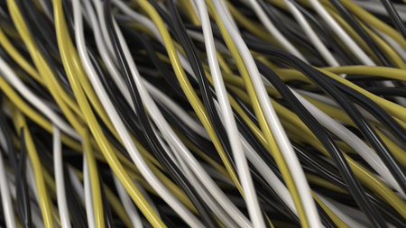 Twisted black, white and yellow cables and wires on black surface. Computer or telephone network. 3D...