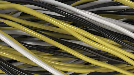 Twisted black, white and yellow cables and wires on black surface. Computer or telephone network. 3D...