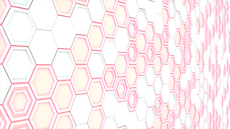 Abstract 3d background made of white hexagons on red glowing background. Wall of hexagons. Honeycomb pattern. 3D render illustrationの写真素材