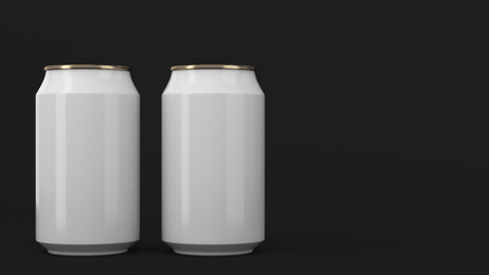 Two small white and gold aluminum soda cans mockup on black background. Tin package of beer or drink. 3D rendering illustrationの写真素材