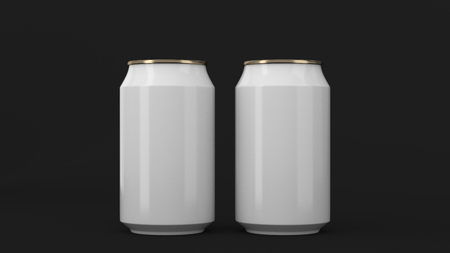Two small white and gold aluminum soda cans mockup on black background. Tin package of beer or drink. 3D rendering illustrationの写真素材