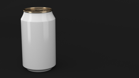 Blank small white and gold aluminium soda can mockup on black background. Tin package of beer or drink. 3D rendering illustrationの写真素材