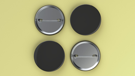 Blank black badge on yellow background. Pin button mockup. 3D rendering illustrationの写真素材