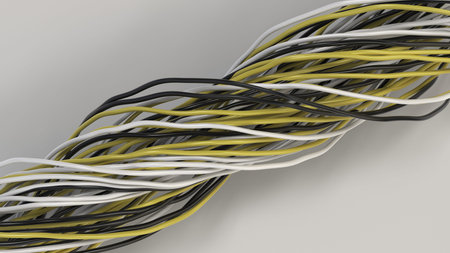 Twisted black, white and yellow cables and wires on white surface. Computer or telephone network. 3D...