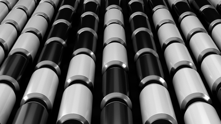 Raws of black and white soda cans on black background. Beverage mockup. Tin package of beer or drink. 3D rendering illustrationの写真素材