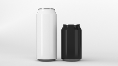 Big white and small black aluminum soda cans mockup on white 
background. Tin package of beer or drink. 3D rendering illustrationの写真素材