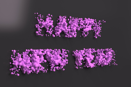 Liquid violet Happy New Year words with drops on black background. New year sign. 3D rendering illustrationの写真素材